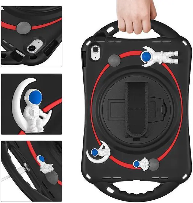 Alt view image 4 of 7 - BONAEVER Cute Case for Apple iPad 10th Generation 10.9 inch 2022 Shockproof Silicone A Standronaut Cover with Stand Shoulder Strap Handle Grip Pencil Holder