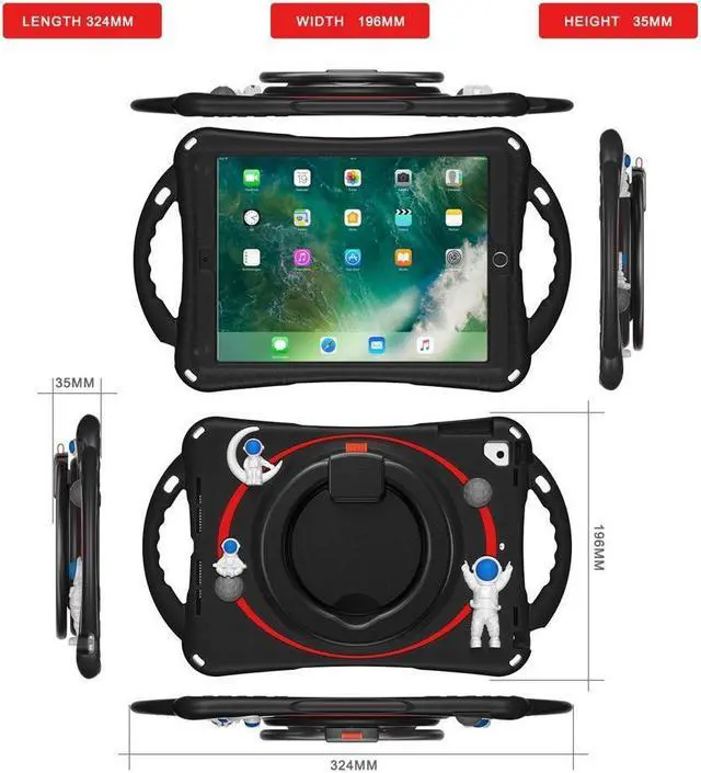 Alt view image 7 of 7 - BONAEVER Shockproof Cute Case for iPad 6th 5th Generation 9.7 inch 2018 2017 Air 2 Air 1 Pro 9.7 Silicone A Standronaut Cover with Stand Shoulder Strap Handle Grip Pencil Holder
