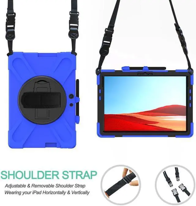 Alt view image 5 of 7 - BONAEVER For Microsoft Surface Pro X 13 inch Case Shockproof Protective Cover with Pen Holder Hand Strap Rotating Stand and Shoulder Strap