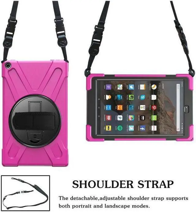 Alt view image 4 of 7 - BONAEVER For Amazon Kindle Fire HD 10 2017 2018 2019 Case Shockproof Protective Cover with Rotating Hand Strap Carrying Shoulder Strap Stand and