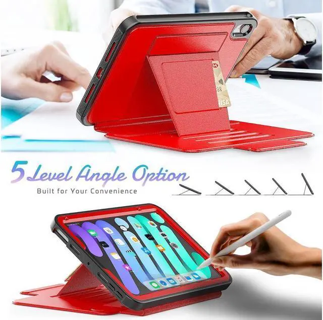 Alt view image 3 of 7 - BONAEVER Magnetic Case for iPad mini 7 (A17 Pro) 2024 / Mini 6 2021 8.3 inch- Multiple Angle Shockproof Rugged Stand Case Soft TPU Back Cover with Pencil HolderCard Slot Auto Sleep Wake Red