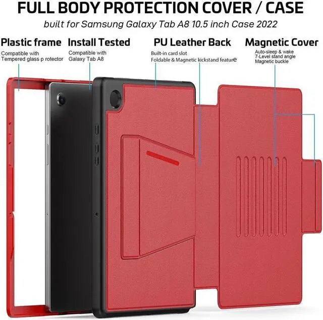 Alt view image 7 of 7 - BONAEVER Magnetic Stand Case for Samsung Galaxy Tab A8 10.5 inch 2022 SM-X200/X205/X207 - Multiple Angles Shockproof Soft TPU Protective Cover with Card Slot Auto Sleep/Wake Red