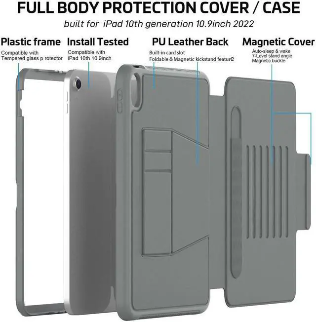 Alt view image 6 of 7 - BONAEVER Magnetic Stand Case for iPad (A16) 11th Generation 11 Inch 2025, iPad 10th Generation 10.9 inch 2022 - Multiple Angles Shockproof Protective Cover with Pencil Holder Card Slot Gray