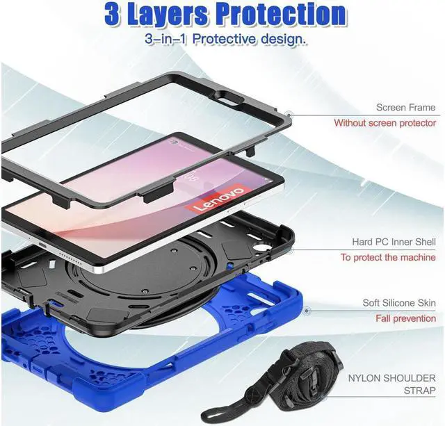 Alt view image 7 of 7 - BONAEVER Case For Lenovo Tab M8 4th Gen 2024 2023 Model TB-301XU TB-300FU TB-300XU Shockproof Protective Cover with Stand and & Shoulder Strap Pencil Holder Stylus Blue