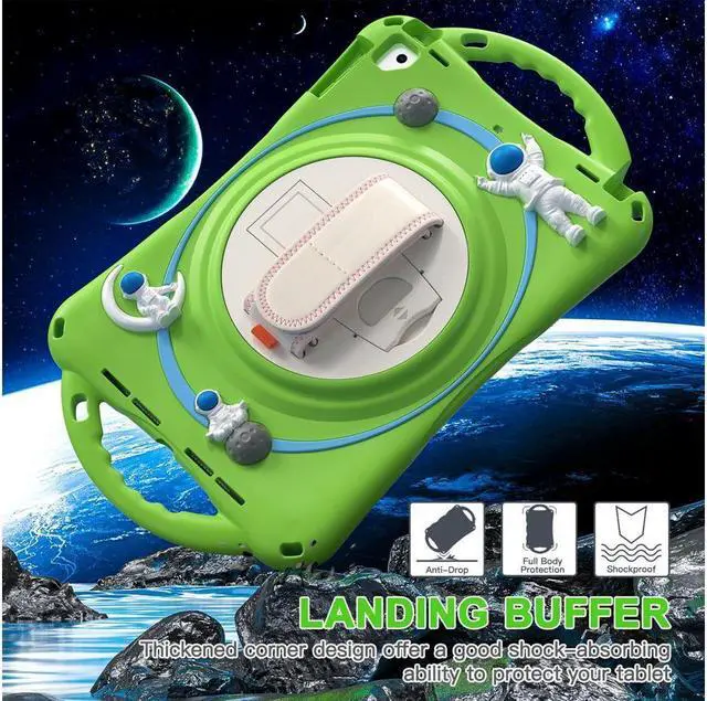 Alt view image 2 of 7 - BONAEVER Cute Case for iPad 6th 5th Generation 9.7 inch 2018 2017 iPad Air 2 Air 1 iPad Pro 9.7 Shockproof Silicone A Standronaut Cover with Stand Shoulder Strap Handle Grip Pencil Holder Green