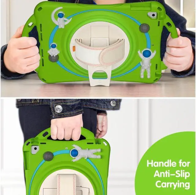 Alt view image 5 of 7 - BONAEVER Cute Case for iPad 6th 5th Generation 9.7 inch 2018 2017 iPad Air 2 Air 1 iPad Pro 9.7 Shockproof Silicone A Standronaut Cover with Stand Shoulder Strap Handle Grip Pencil Holder Green