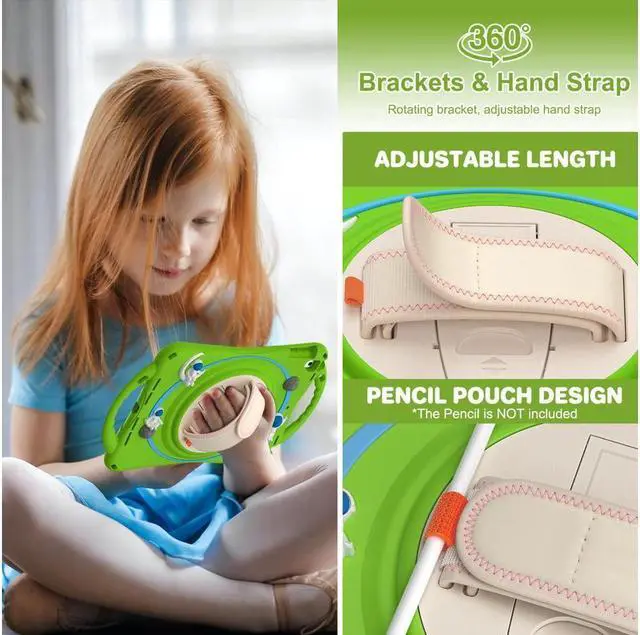Alt view image 3 of 7 - BONAEVER Cute Case for iPad 6th 5th Generation 9.7 inch 2018 2017 iPad Air 2 Air 1 iPad Pro 9.7 Shockproof Silicone A Standronaut Cover with Stand Shoulder Strap Handle Grip Pencil Holder Green