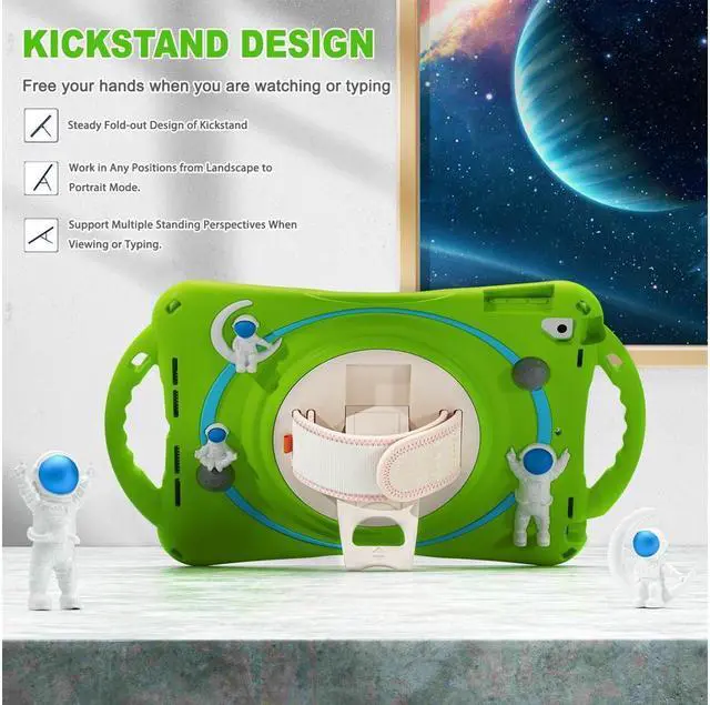 Alt view image 4 of 7 - BONAEVER Cute Case for iPad 6th 5th Generation 9.7 inch 2018 2017 iPad Air 2 Air 1 iPad Pro 9.7 Shockproof Silicone A Standronaut Cover with Stand Shoulder Strap Handle Grip Pencil Holder Green