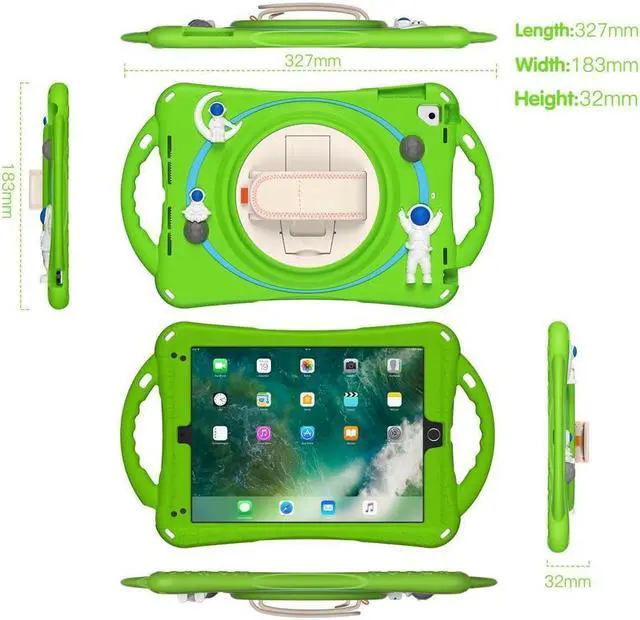 Alt view image 7 of 7 - BONAEVER Cute Case for iPad 6th 5th Generation 9.7 inch 2018 2017 iPad Air 2 Air 1 iPad Pro 9.7 Shockproof Silicone A Standronaut Cover with Stand Shoulder Strap Handle Grip Pencil Holder Green