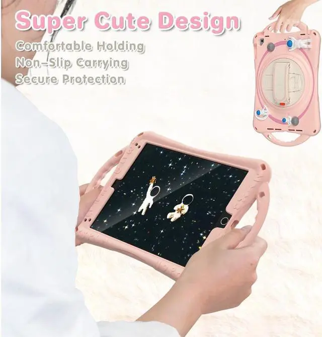 Alt view image 5 of 7 - BONAEVER Cute Case for iPad 6th 5th Generation 9.7 inch 2018 2017 iPad Air 2 Air 1 iPad Pro 9.7 Shockproof Silicone A Standronaut Cover with Stand Shoulder Strap Handle Grip Pencil Holder Pink
