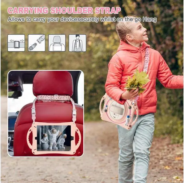 Alt view image 6 of 7 - BONAEVER Cute Case for iPad 6th 5th Generation 9.7 inch 2018 2017 iPad Air 2 Air 1 iPad Pro 9.7 Shockproof Silicone A Standronaut Cover with Stand Shoulder Strap Handle Grip Pencil Holder Pink