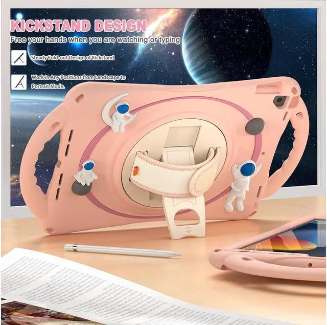 Alt view image 2 of 7 - Cute Case for iPad 9th 8th 7th Generation 10.2", Shockproof Silicone Astronaut Cover with Stand, Shoulder Strap, Handle Grip, Pencil Holder for iPad 10.2 Inch 2021 2020 2019,iPad Pro 10.5, Air 3 Pink