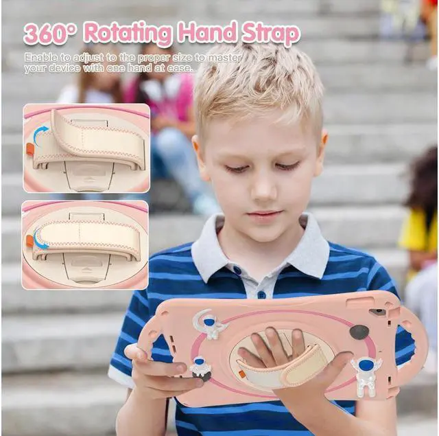 Alt view image 3 of 7 - Cute Case for iPad 9th 8th 7th Generation 10.2", Shockproof Silicone Astronaut Cover with Stand, Shoulder Strap, Handle Grip, Pencil Holder for iPad 10.2 Inch 2021 2020 2019,iPad Pro 10.5, Air 3 Pink