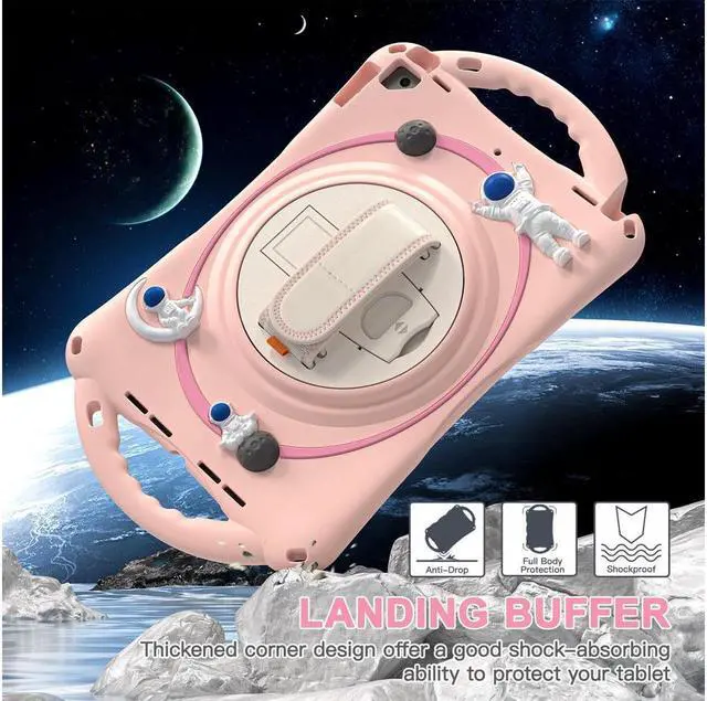 Alt view image 4 of 7 - Cute Case for iPad 9th 8th 7th Generation 10.2", Shockproof Silicone Astronaut Cover with Stand, Shoulder Strap, Handle Grip, Pencil Holder for iPad 10.2 Inch 2021 2020 2019,iPad Pro 10.5, Air 3 Pink
