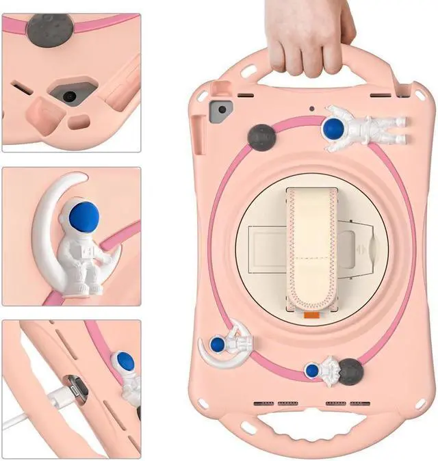 Alt view image 6 of 7 - Cute Case for iPad 9th 8th 7th Generation 10.2", Shockproof Silicone Astronaut Cover with Stand, Shoulder Strap, Handle Grip, Pencil Holder for iPad 10.2 Inch 2021 2020 2019,iPad Pro 10.5, Air 3 Pink