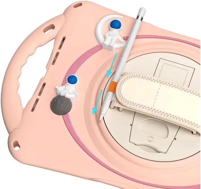 Alt view image 5 of 7 - Cute Case for iPad 9th 8th 7th Generation 10.2", Shockproof Silicone Astronaut Cover with Stand, Shoulder Strap, Handle Grip, Pencil Holder for iPad 10.2 Inch 2021 2020 2019,iPad Pro 10.5, Air 3 Pink