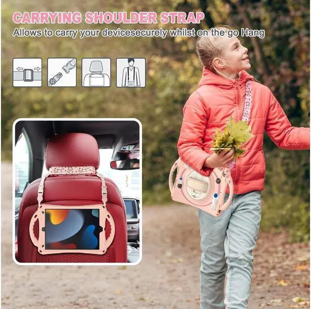 Alt view image 7 of 7 - Cute Case for iPad 9th 8th 7th Generation 10.2", Shockproof Silicone Astronaut Cover with Stand, Shoulder Strap, Handle Grip, Pencil Holder for iPad 10.2 Inch 2021 2020 2019,iPad Pro 10.5, Air 3 Pink