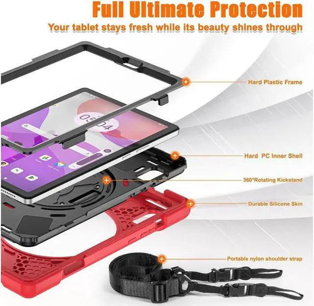 Alt view image 2 of 7 - BONAEVER Case For Lenovo Tab M9 2023 9 inch Model TB310XU / TB310FU Military Grade Shockproof Rugged Protective Cover with Pencil Holder 360° Rotatable Stand and /Shoulder Strap Red