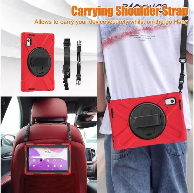 Alt view image 7 of 7 - BONAEVER Case For Lenovo Tab M9 2023 9 inch Model TB310XU / TB310FU Military Grade Shockproof Rugged Protective Cover with Pencil Holder 360° Rotatable Stand and /Shoulder Strap Red