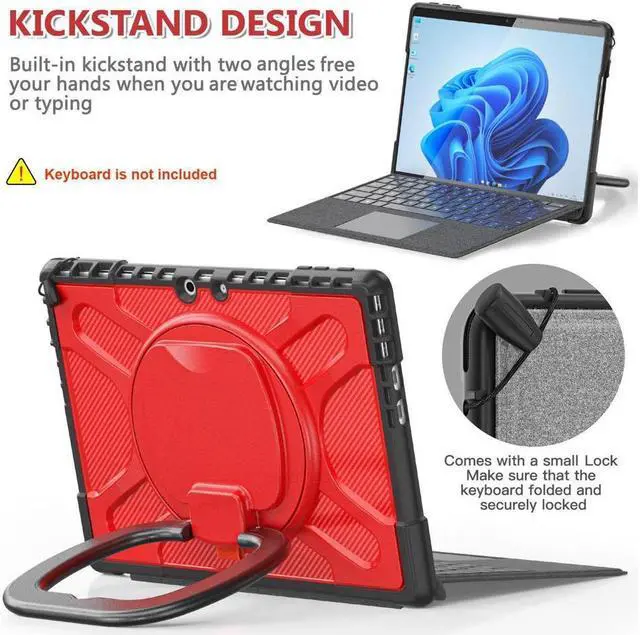 Alt view image 5 of 7 - BONAEVER Protective Case for Microsoft Surface Pro 9 13 inch 2022 Shockproof Cover with Stand and Universal Stylus Pen Hand Strap Compatible with Type Cover Keyboard Red