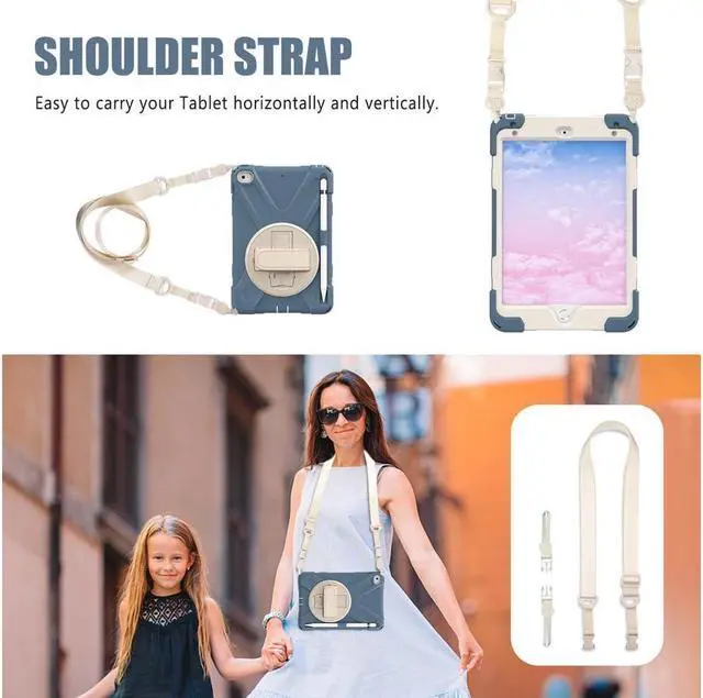 Alt view image 4 of 5 - iPad Mini 5 Case 2019 iPad Mini 4 Case with Pencil Holder Shockproof 360 Degree Rotation Cover with Kickstand Hand Strap Shoulder Strip Protective Case for iPad Mini 5th iPad Mini 4th Generation Blue