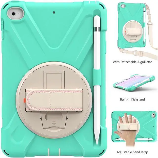 Alt view image 3 of 5 - iPad Mini 5 Case 2019 iPad Mini 4 Case with Pencil Holder Shockproof 360 Degree Rotation Cover with Kickstand Hand Strap Shoulder Strip Protective Case for iPad Mini 5th iPad Mini 4th Generation