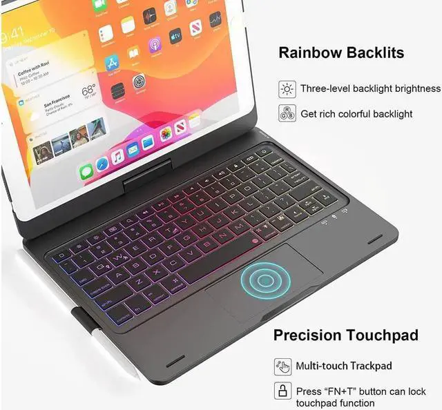 Alt view image 3 of 7 - BONAEVER Touchpad Keyboard case for 10.2 inch iPad 9th Gen 2021/ 8th Gen 2020/ 7th Gen 2019 iPad Air 3 / Pro 10.5 Rotatable Backlit Keyboard with Pencil Holder
