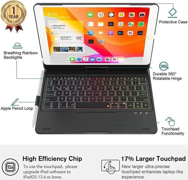 Alt view image 4 of 7 - BONAEVER Touchpad Keyboard case for 10.2 inch iPad 9th Gen 2021/ 8th Gen 2020/ 7th Gen 2019 iPad Air 3 / Pro 10.5 Rotatable Backlit Keyboard with Pencil Holder