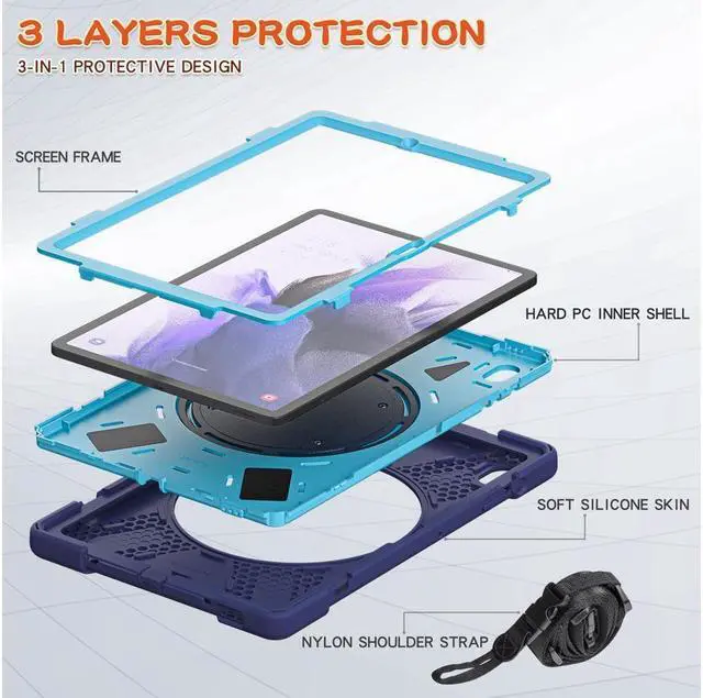 Alt view image 4 of 7 - BONAEVER For Galaxy Tab S7 FE 12.4 inch Case 3-Layer Standructure Case with Rotatable Stand and Shoulder/Hand Strap Model: SM-T730 / T733 / T735 / T736 / T738