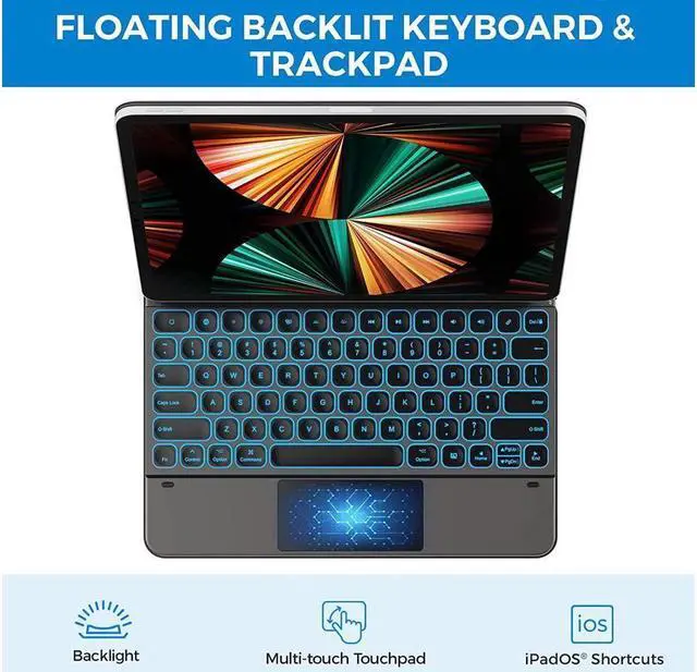 Alt view image 5 of 7 - BONAEVER Floating Cantilever Stand Magnetic Wireless Keyboard Case Compatible with iPad Pro 12.9 inch 2021 2020 2018 5th & 4th & 3rd Gen iPad Case with Multi-Touch Trackpad Backlit Black