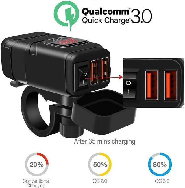 Alt view image 4 of 7 - BONAEVER Motorcycle USB Phone Charger Waterproof 6.8A Dual Port QC3.0 Fast Charging Quick Disconnect SAE USB Adapter with Voltmeter ON/Off Switch&Fuse for Phone