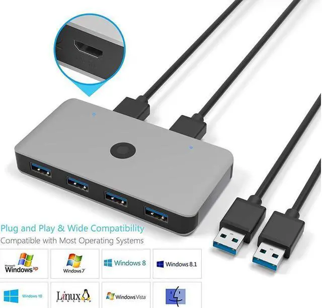 Alt view image 7 of 7 - BONAEVER USB 3.0 Aluminum Sharing Switch Selector 4 Port 2 Computers Peripheral Switcher Adapter Hub for PC Printer Scanner Mouse Keyboard with One Button Swapping 2 Pack USB 3.0 Male Cable