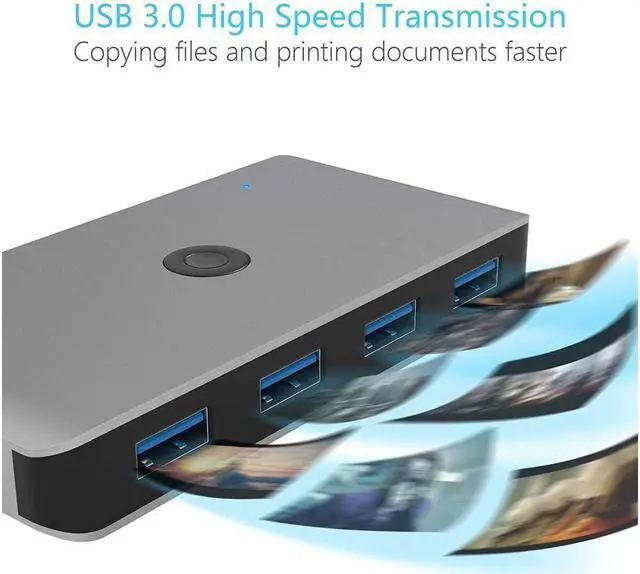 Alt view image 5 of 7 - BONAEVER USB 3.0 Aluminum Sharing Switch Selector 4 Port 2 Computers Peripheral Switcher Adapter Hub for PC Printer Scanner Mouse Keyboard with One Button Swapping 2 Pack USB 3.0 Male Cable