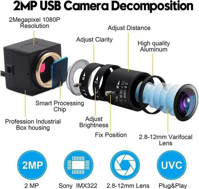 Alt view image 2 of 7 - BONAEVER 2MP Low Illumination USB Camera with Wide Angle 2.8-12mm Manual Zoom Lens Webcam Full HD 1080P H.264 USB Webcam with IMX323 Sensor UVC USB Webcamera for Windows/Linux/Mac