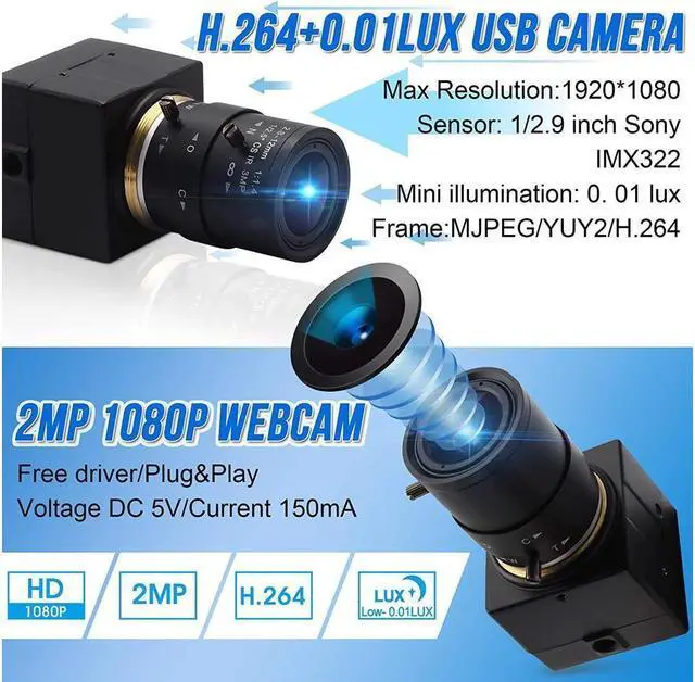 Alt view image 5 of 7 - BONAEVER 2MP Low Illumination USB Camera with Wide Angle 2.8-12mm Manual Zoom Lens Webcam Full HD 1080P H.264 USB Webcam with IMX323 Sensor UVC USB Webcamera for Windows/Linux/Mac