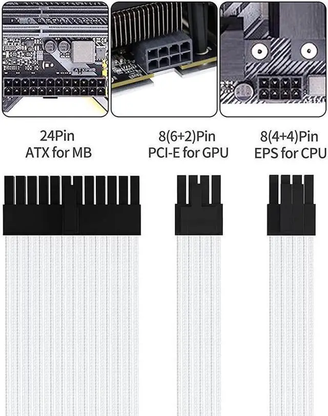 Alt view image 5 of 7 - BONAEVER White Sleeved Cable PSU Power Supply Cable Extension Kits 18AWG 24Pin ATX / 8 (4+4) Pin EPS/Dual 8 (6+2) Pin PCIE with Combs 30CM