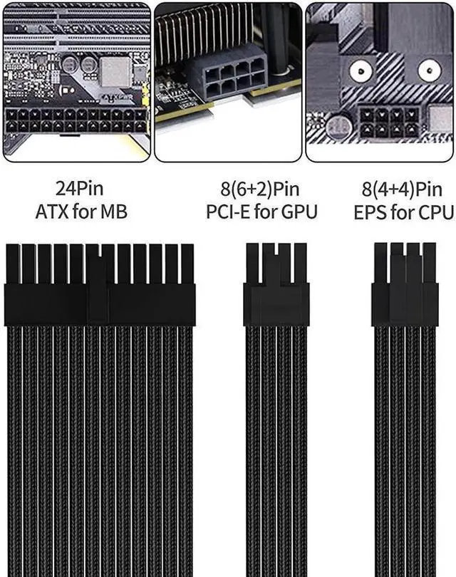 Alt view image 5 of 7 - BONAEVER Black Sleeved Cable PSU Power Supply Cable Extension Kits 18AWG 24Pin ATX / 8 (4+4) Pin EPS/Dual 8 (6+2) Pin PCIE with Combs 30CM Black