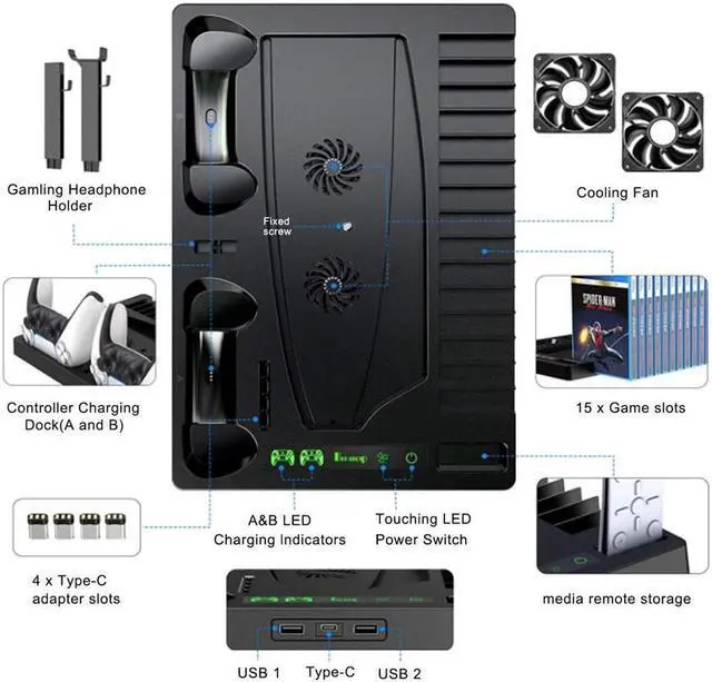 Alt view image 3 of 7 - Vertical Stand with Cooling Fan for PS5 Console and PS5 Digital Edition, PS5 Dualsense Charging Station, Charging Station Dock with Dual Controller Charger Ports and Retractable Game Storage for PS5
