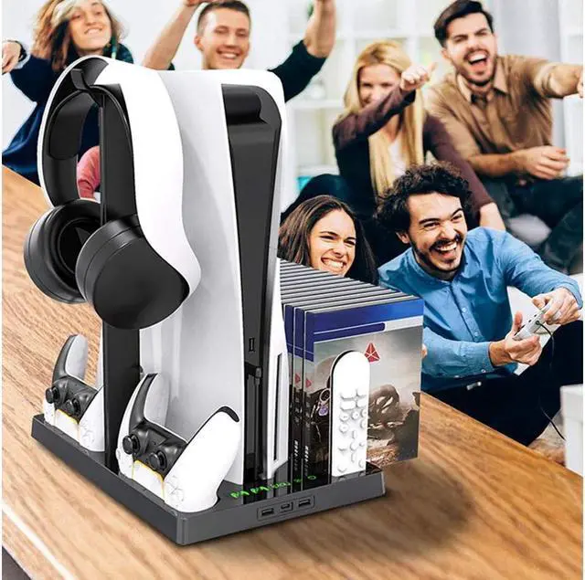 Alt view image 6 of 7 - Vertical Stand with Cooling Fan for PS5 Console and PS5 Digital Edition, PS5 Dualsense Charging Station, Charging Station Dock with Dual Controller Charger Ports and Retractable Game Storage for PS5