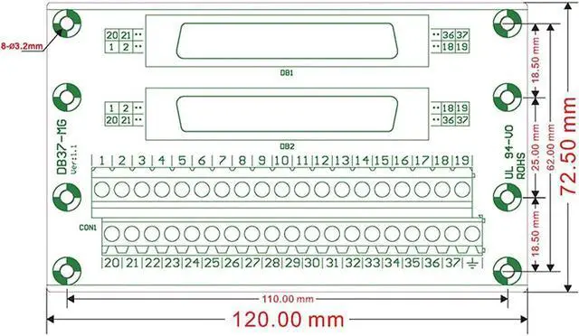 Alt view image 5 of 7 - BONAEVER DB37 Male/Female D-SUB Din Rail Mount Interface Module RS232 D-SUB Serial to 37-pin Port Terminal D-sub Terminal Block Breakout Board