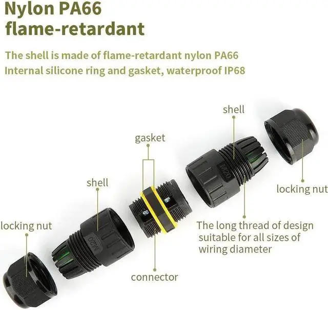 Alt view image 3 of 7 - BONAEVER 5 Packs 3 Pole Wire Connector Waterproof IP68 External Electrical Junction BoxM20 for Ø5-12mm Wire Range(AC 400V 24A)UL2 Way 3 Pin
