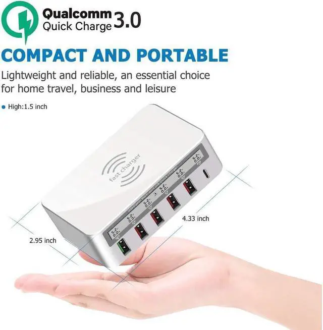 Alt view image 6 of 7 - BONAEVER USB Fast Charger Multi-Port 100W-6 Port USB Fast Charging Station with Quick Charge 3.0 QC 3.0 PD Speed Chargerwith 10W Max Wireless Charging