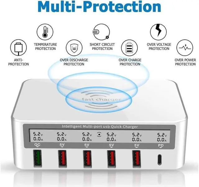 Alt view image 7 of 7 - BONAEVER USB Fast Charger Multi-Port 100W-6 Port USB Fast Charging Station with Quick Charge 3.0 QC 3.0 PD Speed Chargerwith 10W Max Wireless Charging
