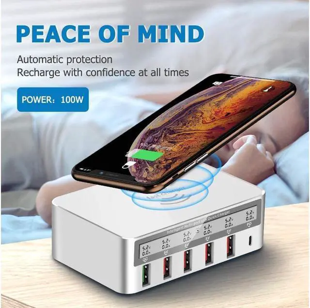 Alt view image 2 of 7 - BONAEVER USB Fast Charger Multi-Port 100W-6 Port USB Fast Charging Station with Quick Charge 3.0 QC 3.0 PD Speed Chargerwith 10W Max Wireless Charging