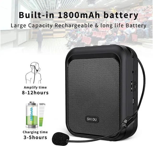 Alt view image 4 of 7 - BONAEVER Mini Voice Amplifier Portable Rechargeable Bluetooth Speaker with Wired Microphone Headset 10W 1800mAh PA Systerm Supports MP3 Format Audio for Teacher Taxi Driver Coaches
