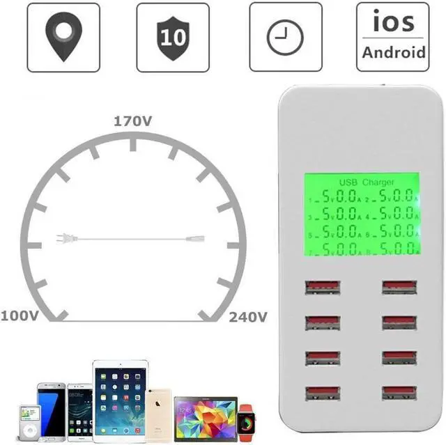 Alt view image 3 of 7 - BONAEVER 8 Port Smart USB Charger Hub with LCD 40W Multi-Port USB Charging Station USB Wall Travel Charger for Smartphone