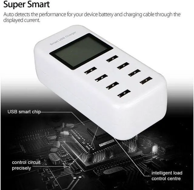 Alt view image 5 of 7 - BONAEVER 8 Port Smart USB Charger Hub with LCD 40W Multi-Port USB Charging Station USB Wall Travel Charger for Smartphone