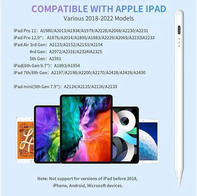Alt view image 2 of 7 - BONAEVER Stylus Pen for iPad with Palm Rejection Compatible with 2018-2022 iPad Air 3rd/4th/5th iPad Pro 11/12.9 inch iPad 6th/7th/8th/9th iPad Mini 5th/6th Tilt Sensitivity iPad Pencil White