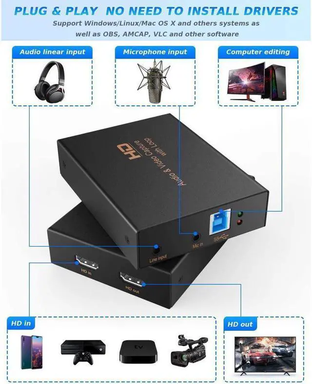 Alt view image 2 of 7 - BONAEVER Game Capture Card USB 3.0 1080P 60FPS/4K 30FPS HD Video Capture Card High Speed Capture Card with HDMI Loop-Out for PS5 PS4 Nintendo Switch Xbox One Gaming Standreaming Live Broadca