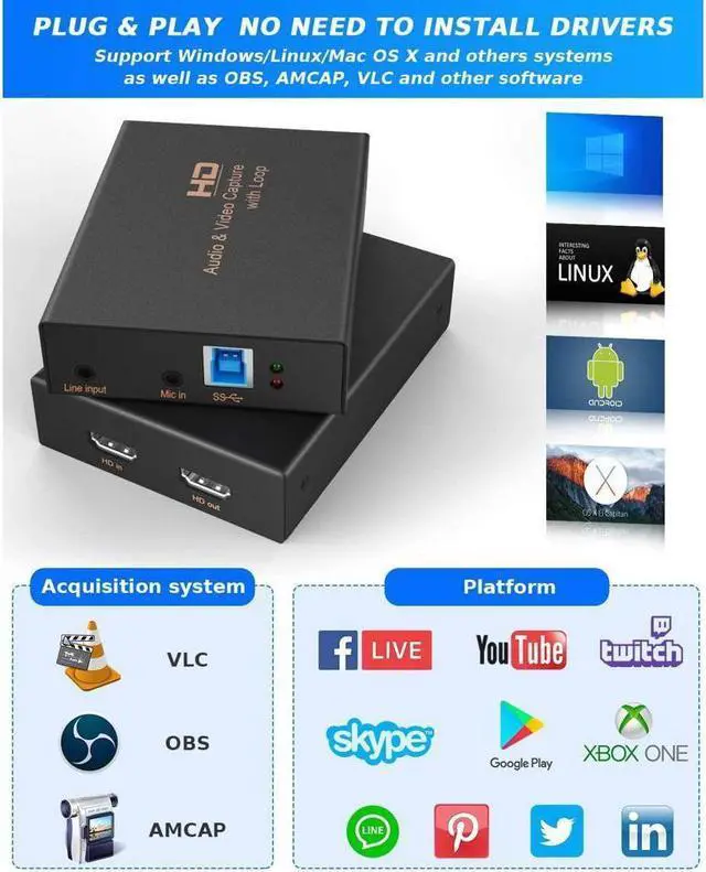 Alt view image 6 of 7 - BONAEVER Game Capture Card USB 3.0 1080P 60FPS/4K 30FPS HD Video Capture Card High Speed Capture Card with HDMI Loop-Out for PS5 PS4 Nintendo Switch Xbox One Gaming Standreaming Live Broadca